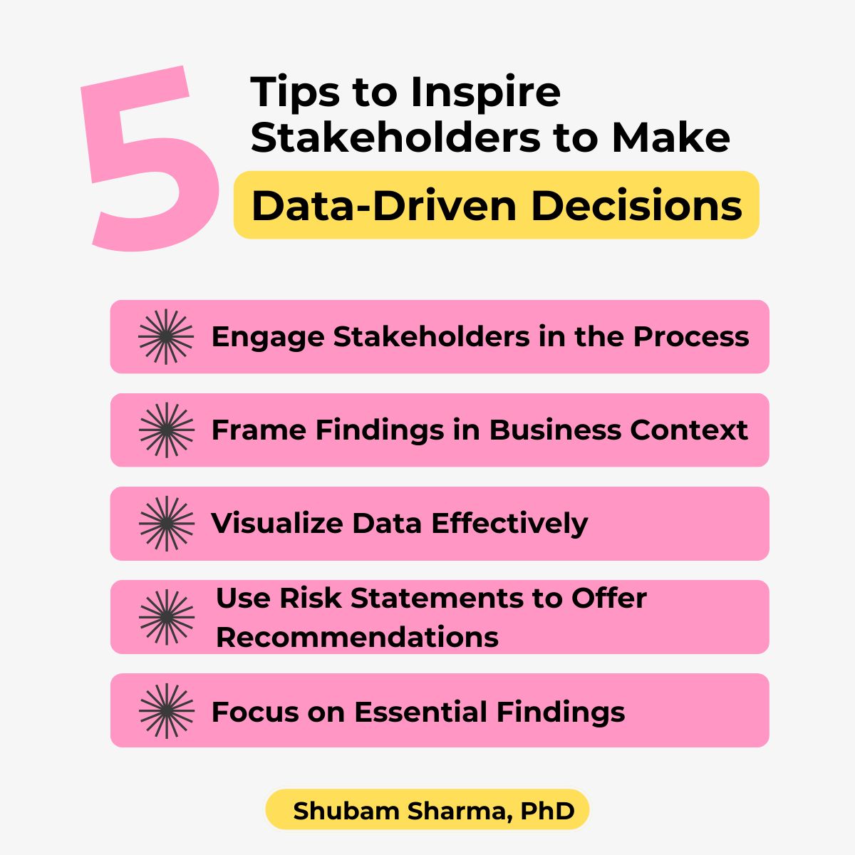 This graphic presents 5 tips to inspire stakeholders to make data-driven decisions. The 5 tips are:
1) Engage stakeholders in the process.
2) Frame findings in business context.
3) Visualize data effectively.
4) Use risk statements to offer recommendations.
5) Focus on essential findings. 